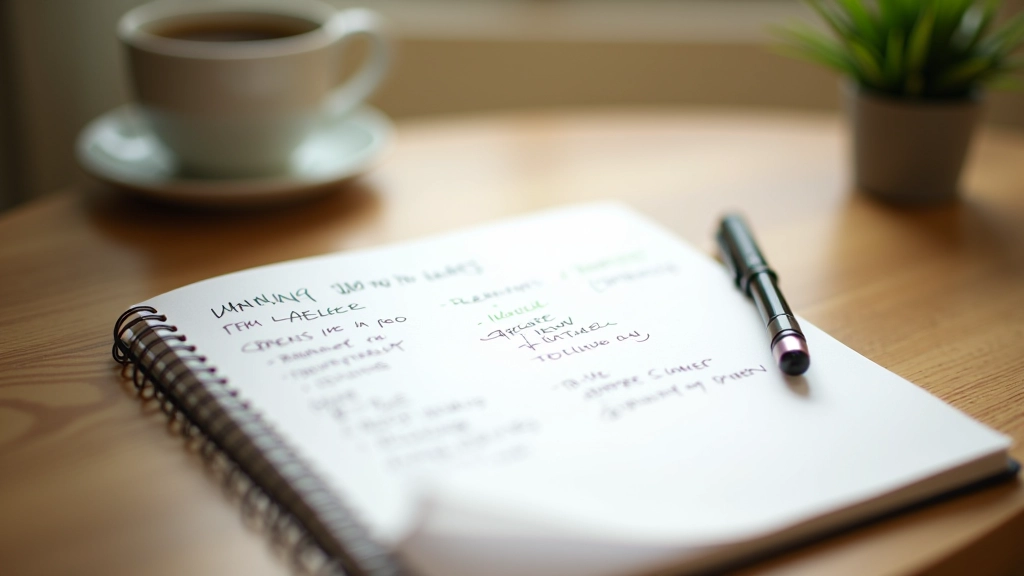 Professional notebook with handwritten daily planning and wellness notes on clean desk