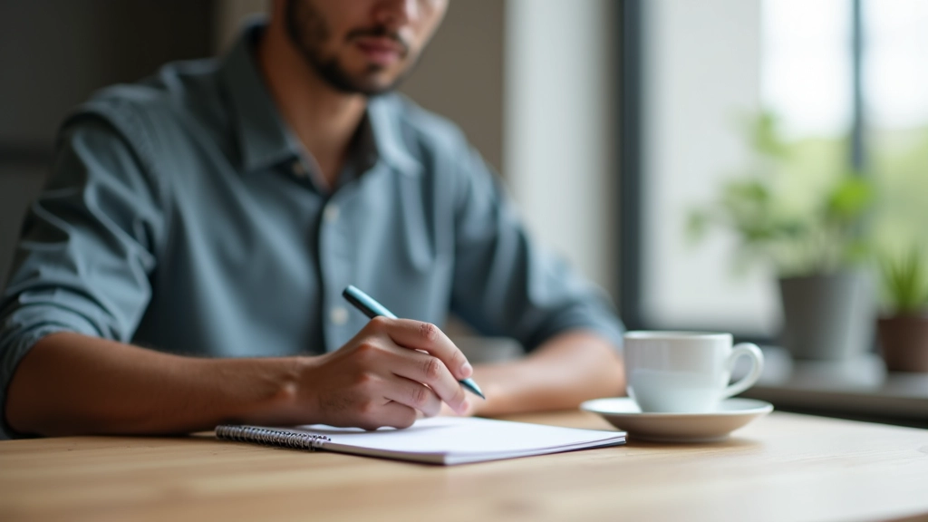 Person writing in notebook with pen and coffee at table, capturing moment of reflection and planning