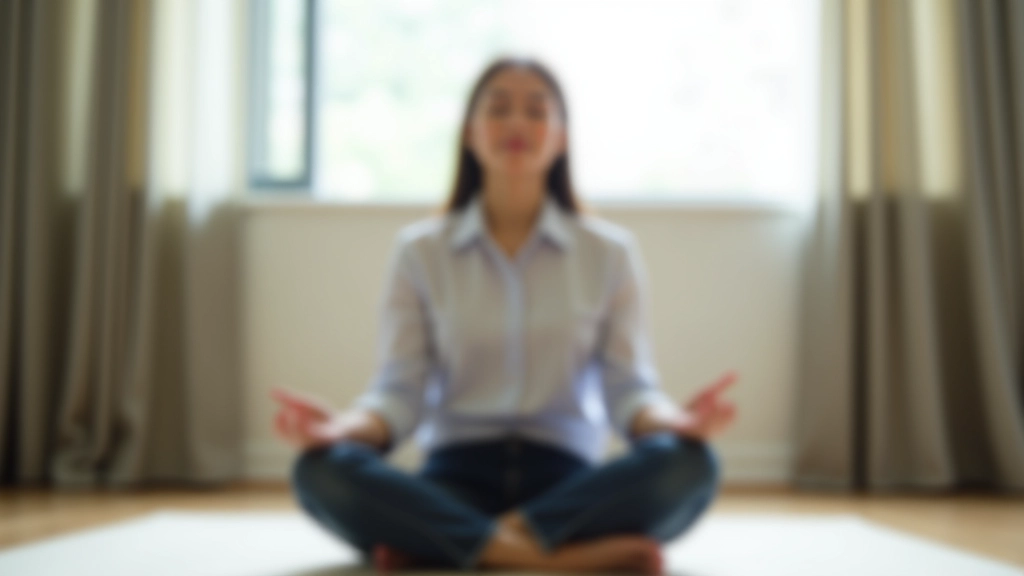 Person practicing breathing exercises in a calm environment, sitting peacefully with serene expression