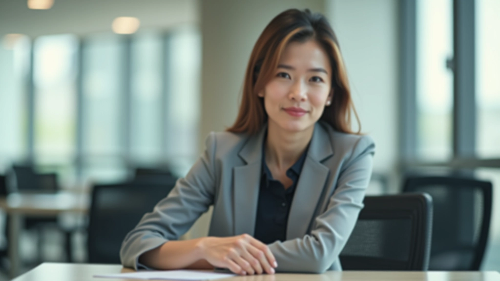 Calm professional woman in office setting with natural light, sitting peacefully at desk during quiet moment