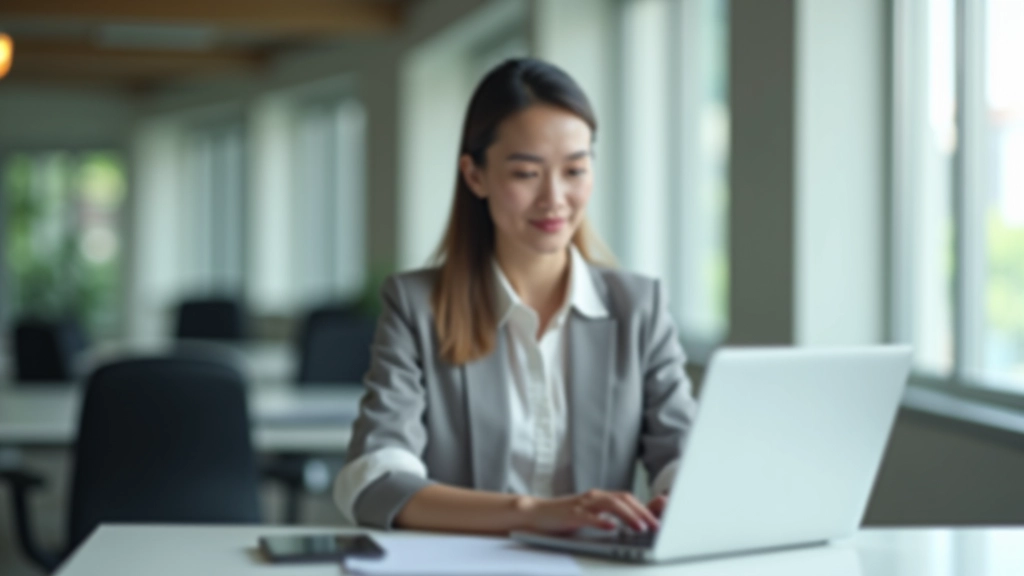 Professional in modern office environment focused and calm, bright natural lighting, clean workspace